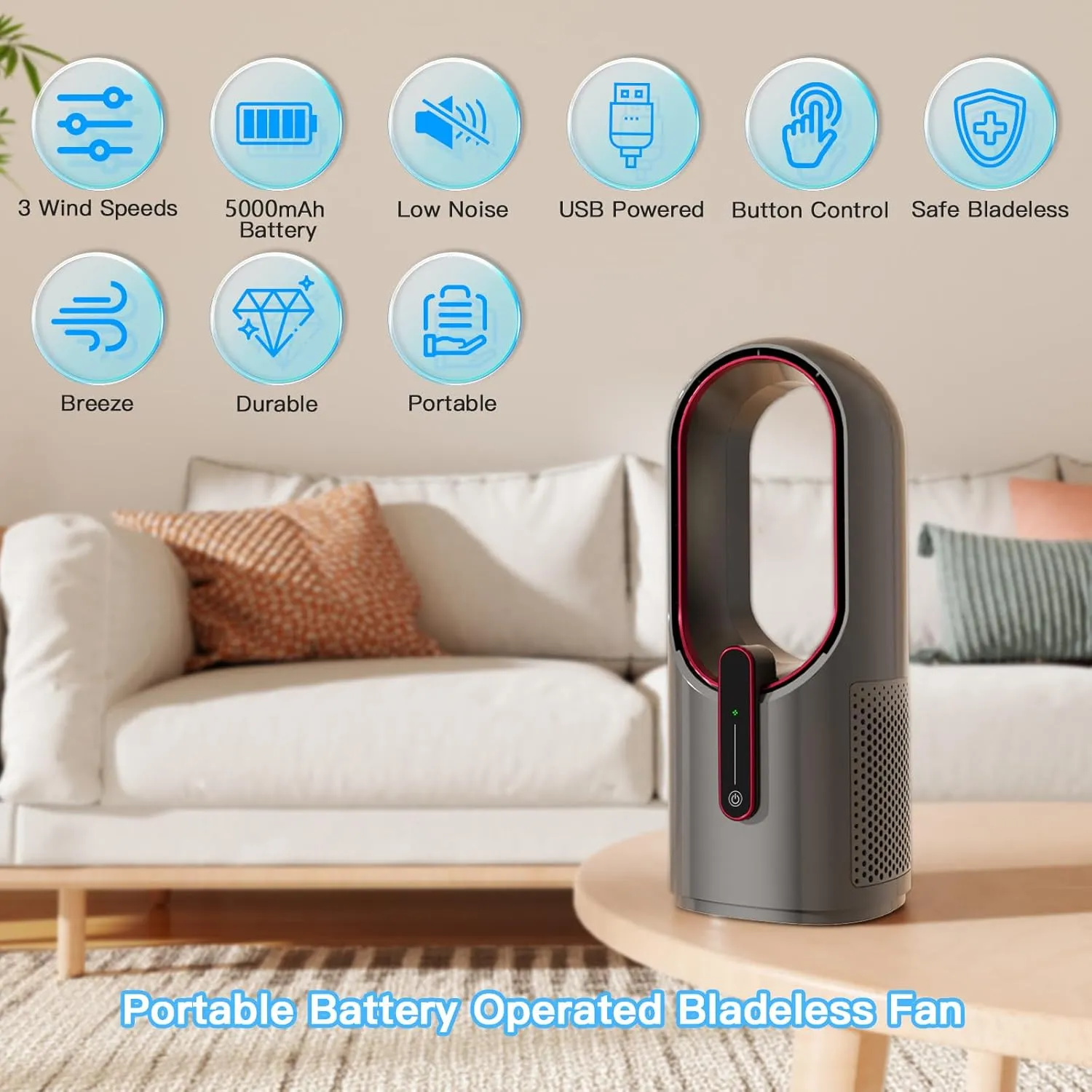 Misby Rechargeable Desk Fan,5000mAh USB Bladeless Table Fan of 11.8 Inch, Easy to Clean & Touch Control, Grey Desk Fans Small Quiet for Bedroom, Home, Office