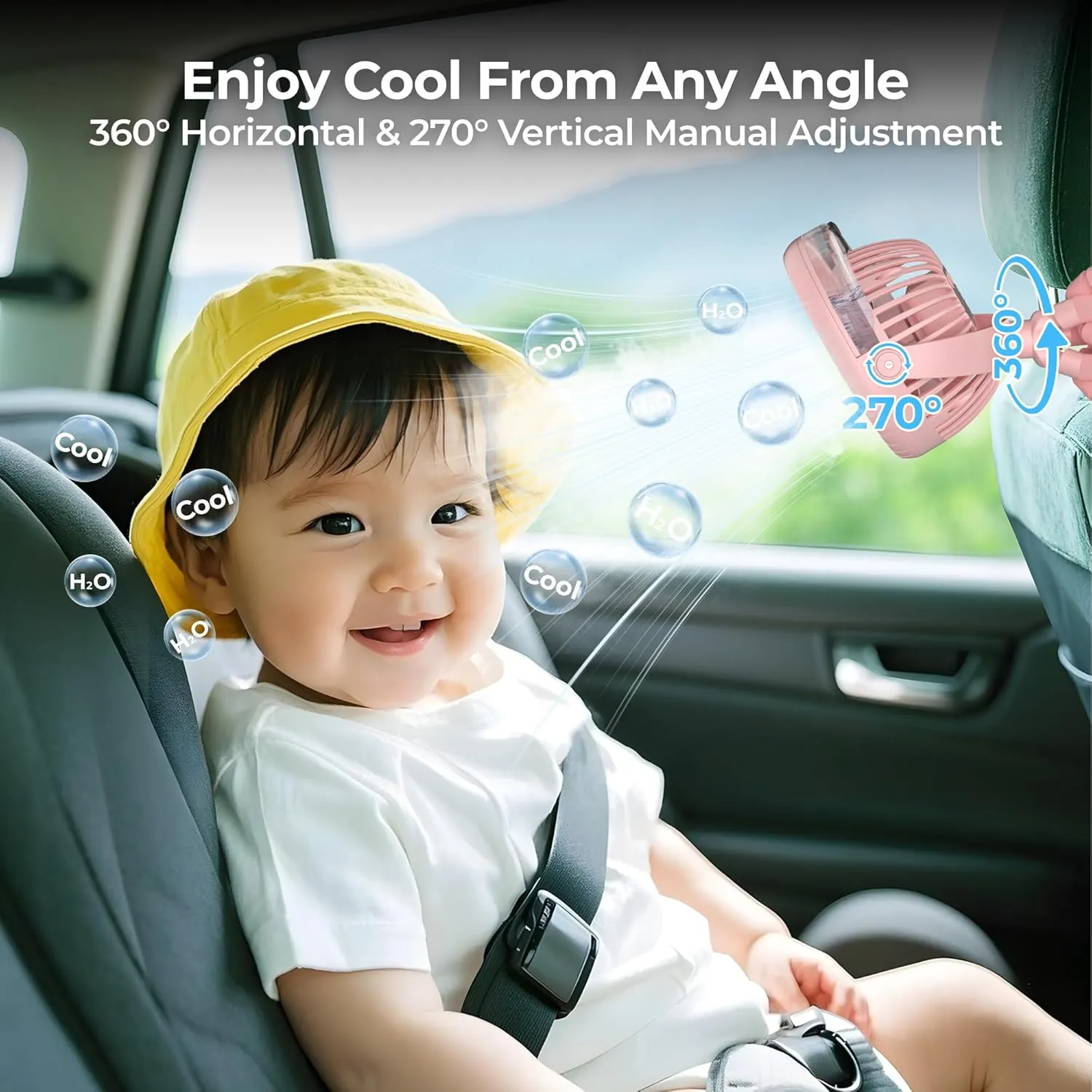 Misting Baby Stroller Fan, 4000mAh Rechargeable Battery Operated, 270Pivoting, 15H Cooling,50ml Portable Water Sprayer Misting Fan with Flexible Tripod Clip on Car Seat Crib Treadmill Bunk Bed