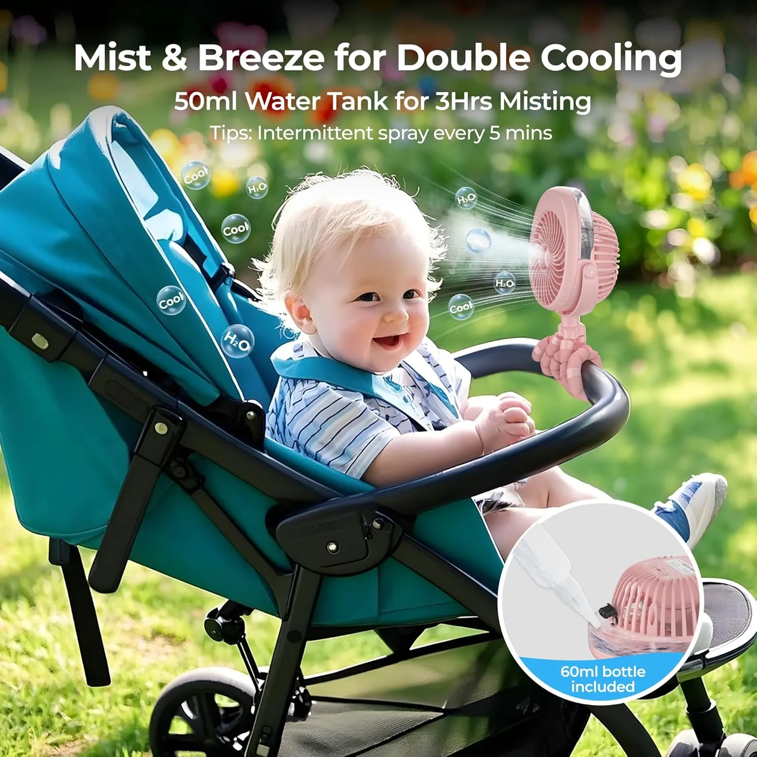 Misting Baby Stroller Fan, 4000mAh Rechargeable Battery Operated, 270Pivoting, 15H Cooling,50ml Portable Water Sprayer Misting Fan with Flexible Tripod Clip on Car Seat Crib Treadmill Bunk Bed