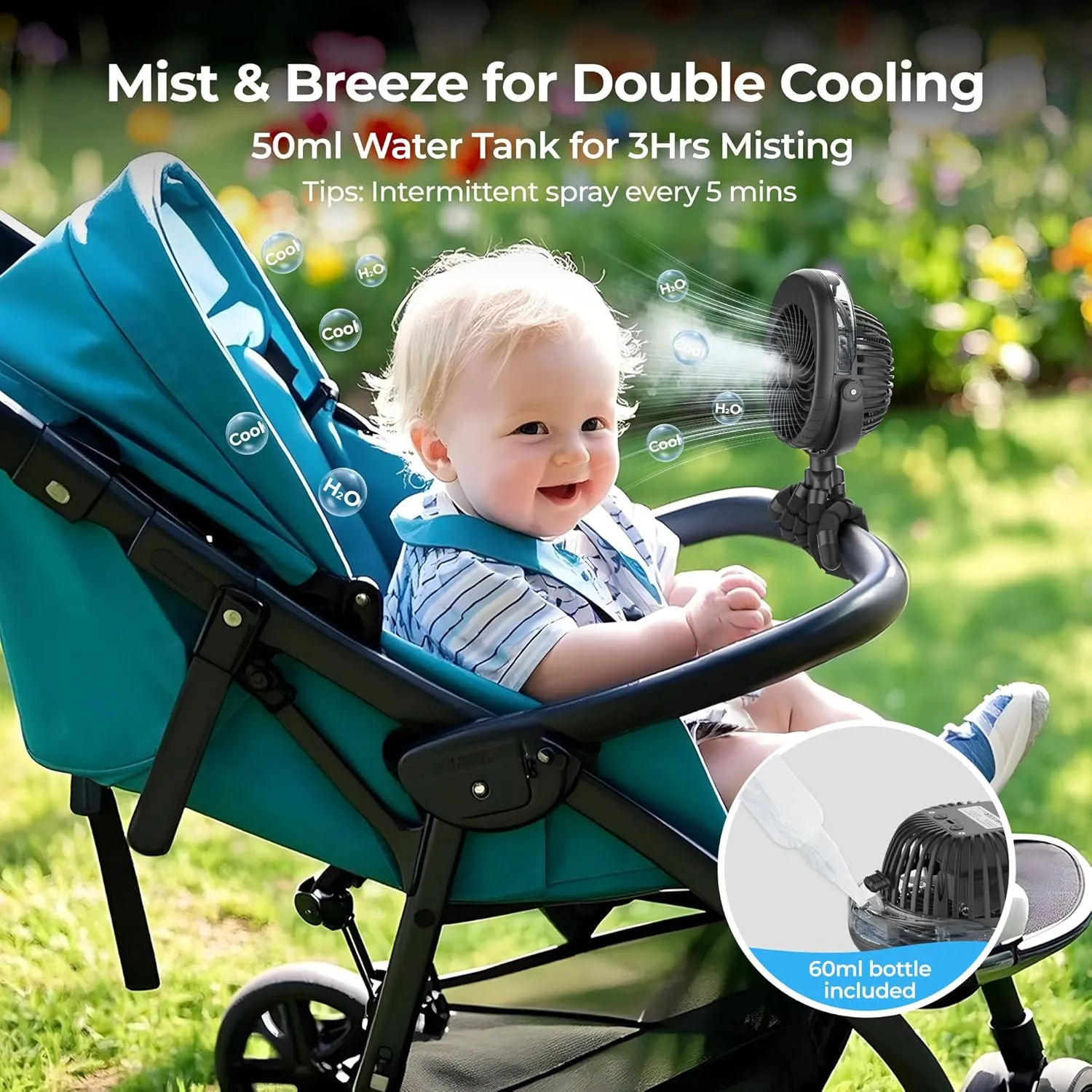 Misting Baby Stroller Fan, 4000mAh Rechargeable Battery Operated, 270Pivoting, 15H Cooling,50ml Portable Water Sprayer Misting Fan with Flexible Tripod Clip on Car Seat Crib Treadmill Bunk Bed