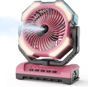 Misting Fan - Pink Portable Rechargeable Fan with 9oz Water Tank, Light, Hook - Versatile, 120H MAX Cooling, Last 5H Mist, 4 Speed, Sleep Mode - Outdoor Fans for Camping, Travel, Patios Battery-powered portable fan
