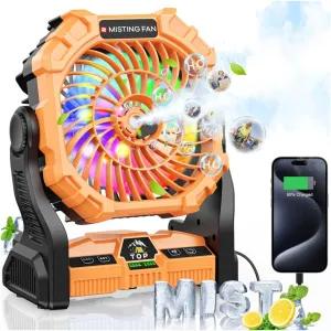 Misting Fan Portable with RGB Lantern, 30000 mAh Rechargeable Camping Mist Fan with Emergency Hurricane Supplies, Perfect Cooling Mister for Outdoor Travel Battery-powered portable fan