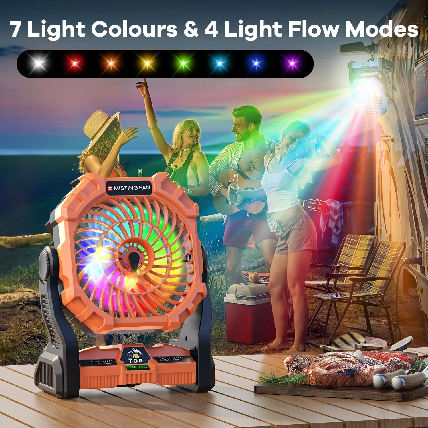 Misting Fan Portable with RGB Lantern, 30000 mAh Rechargeable Camping Mist Fan with Emergency Hurricane Supplies, Perfect Cooling Mister for Outdoor Travel