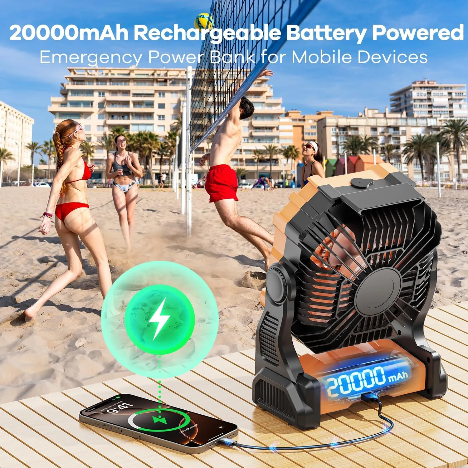 Misting Fan Portable with RGB Lantern, 30000 mAh Rechargeable Camping Mist Fan with Emergency Hurricane Supplies, Perfect Cooling Mister for Outdoor Travel