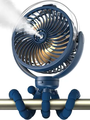 Misting Stroller Fan, 6000mAh Battery Operated Portable Fan with Light & 360 Pivoting, Personal Cooling Fans with Flexible Tripod for Baby, Office, Travel,Treadmill,Outdoors (Dark Blue) Mini handheld fan for personal cooling