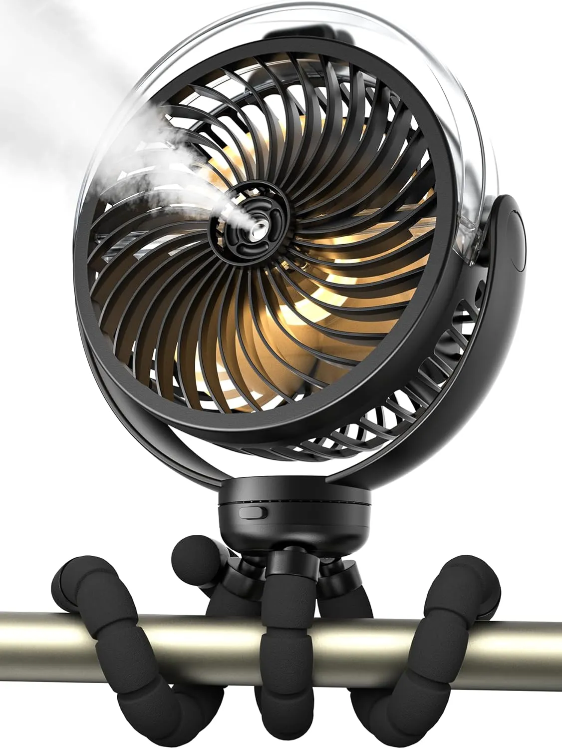 Misting Stroller Fan, 6000mAh Battery Operated Portable Fan with Light & 360 Pivoting, Personal Fans with Flexible Tripod for Baby, Office, Travel,Treadmill,Outdoors Mini handheld fan for personal cooling