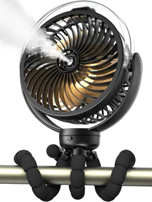 Misting Stroller Fan, 6000mAh Battery Operated Portable Fan with Light & 360 Pivoting, Personal Fans with Flexible Tripod for Baby, Office, Travel,Treadmill,Outdoors Mini handheld fan for personal cooling