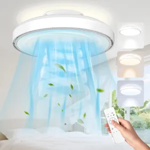 Mixoo Low Profile Bladeless Ceiling Fan with Light & Remote, Flush Mount Dimmable Ceiling Fan Lighting Kit, 6-Speed Quiet Reversible Motor for Bedroom, Kids Room, Kitchen, Modern White (18In) Small bladeless fan for quiet cooling