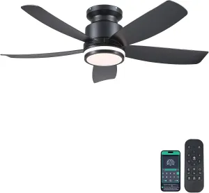 Modern Ceiling Fans with Lights and Remote/APP Control, 41 inch Flush Mount Ceiling Fan with Ring Lights, LED 3 CCT Dimmable 5 Reversible Curved Blades 6 Speeds for Bedroom Living Room, Black App-controlled remote fan for convenience