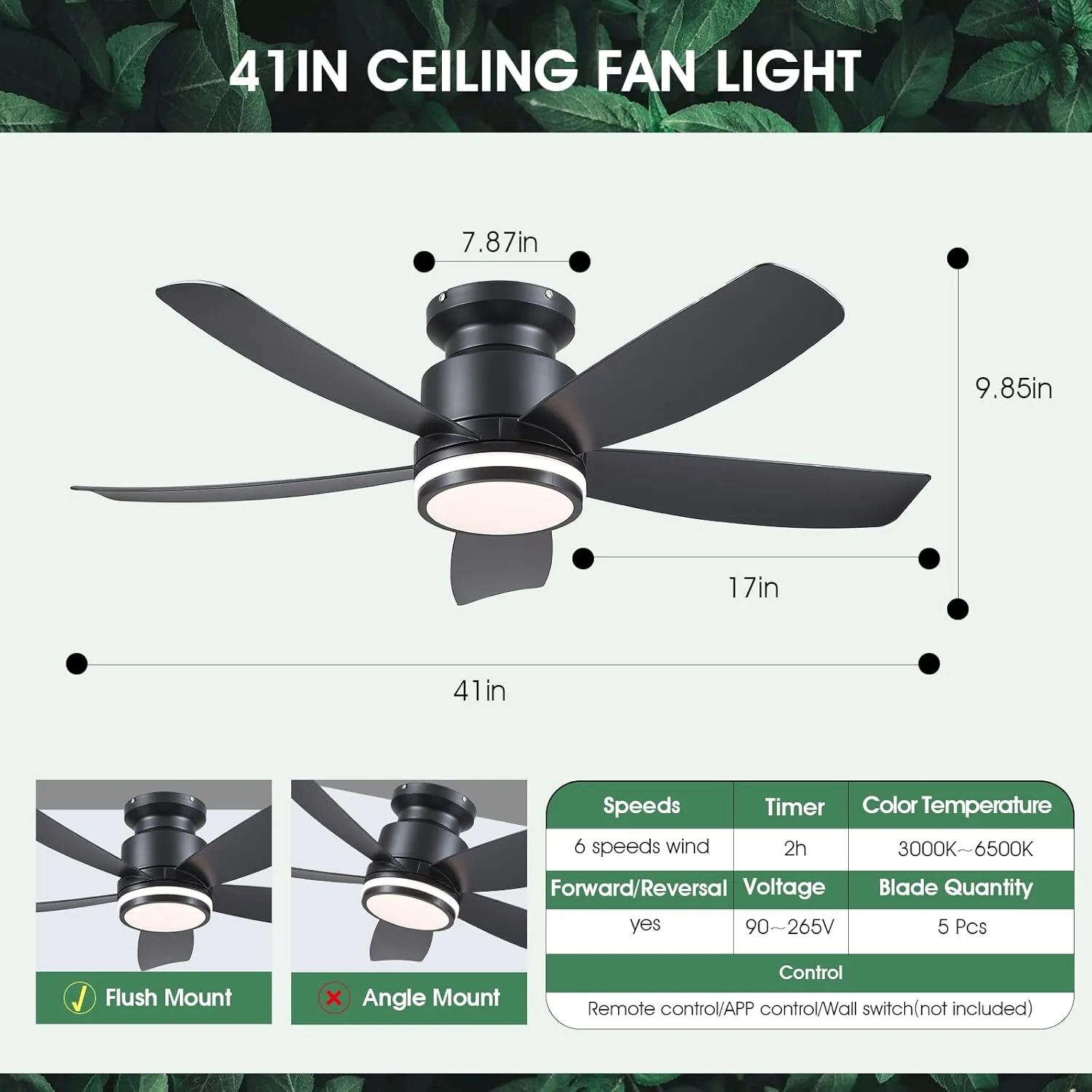 Modern Ceiling Fans with Lights and Remote/APP Control, 41 inch Flush Mount Ceiling Fan with Ring Lights, LED 3 CCT Dimmable 5 Reversible Curved Blades 6 Speeds for Bedroom Living Room, Black