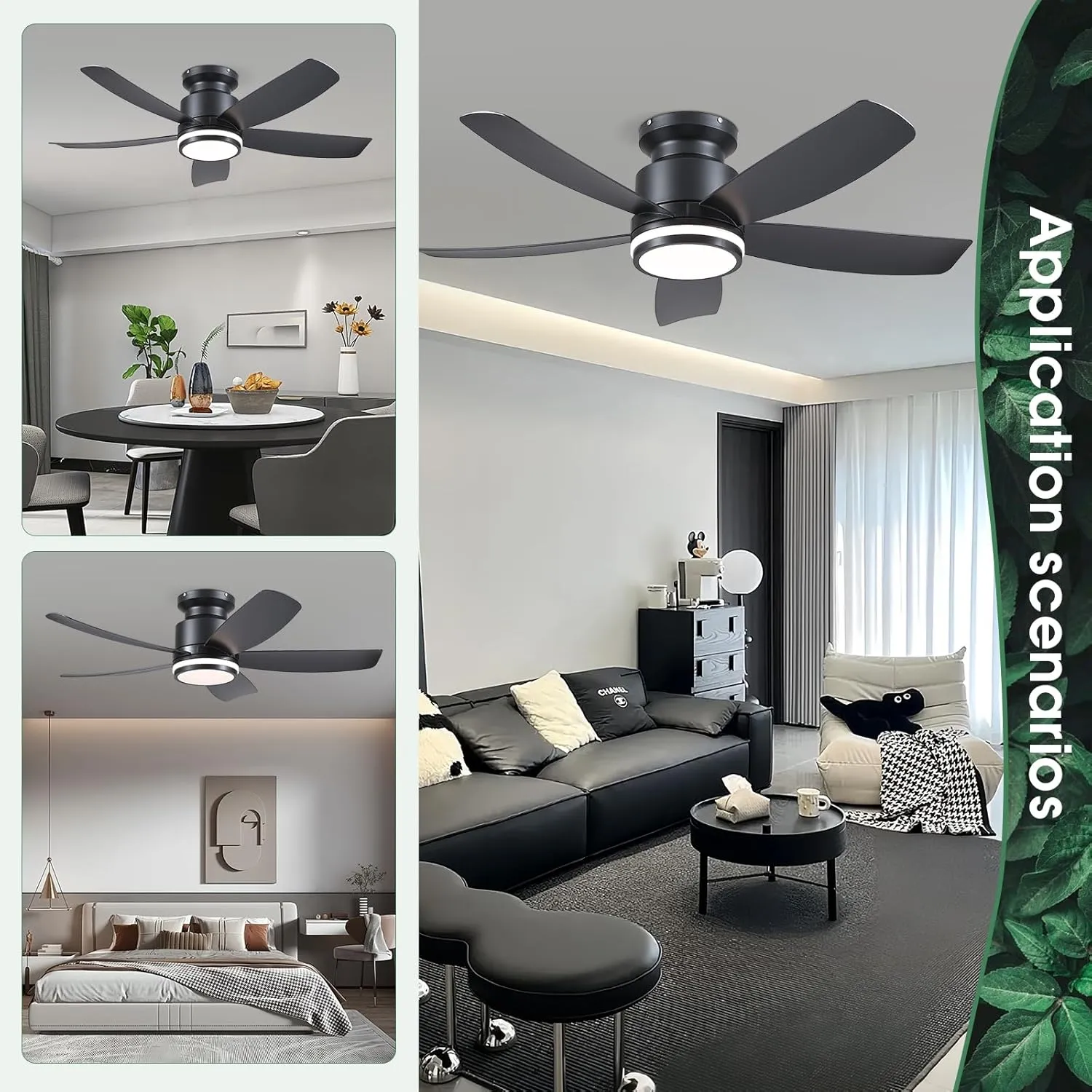Modern Ceiling Fans with Lights and Remote/APP Control, 41 inch Flush Mount Ceiling Fan with Ring Lights, LED 3 CCT Dimmable 5 Reversible Curved Blades 6 Speeds for Bedroom Living Room, Black