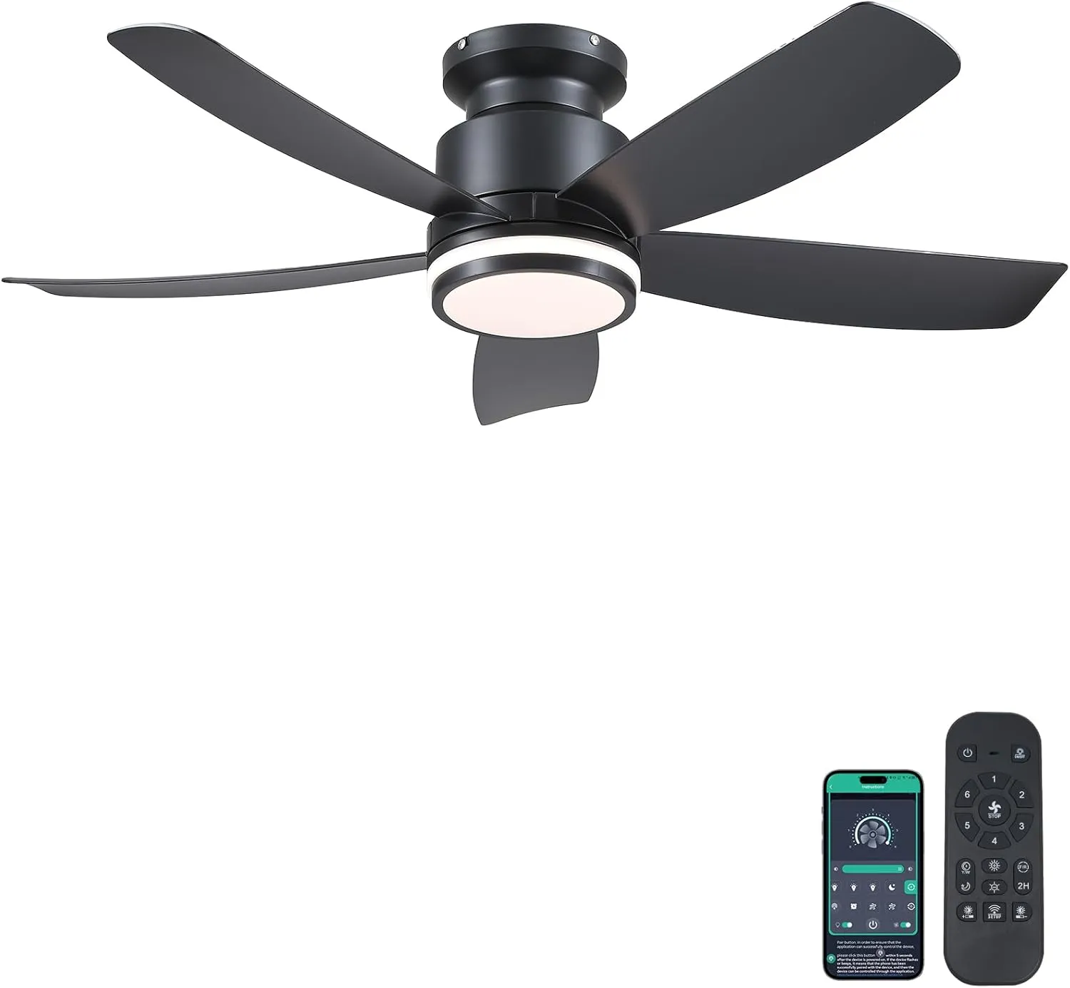 Modern Ceiling Fans with Lights and Remote/APP Control, 41 inch Flush Mount Ceiling Fan with Ring Lights, LED 3 CCT Dimmable 5 Reversible Curved Blades 6 Speeds for Bedroom Living Room, Black App-controlled remote fan for convenience