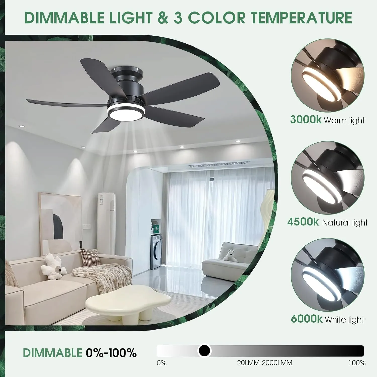 Modern Ceiling Fans with Lights and Remote/APP Control, 41 inch Flush Mount Ceiling Fan with Ring Lights, LED 3 CCT Dimmable 5 Reversible Curved Blades 6 Speeds for Bedroom Living Room, Black