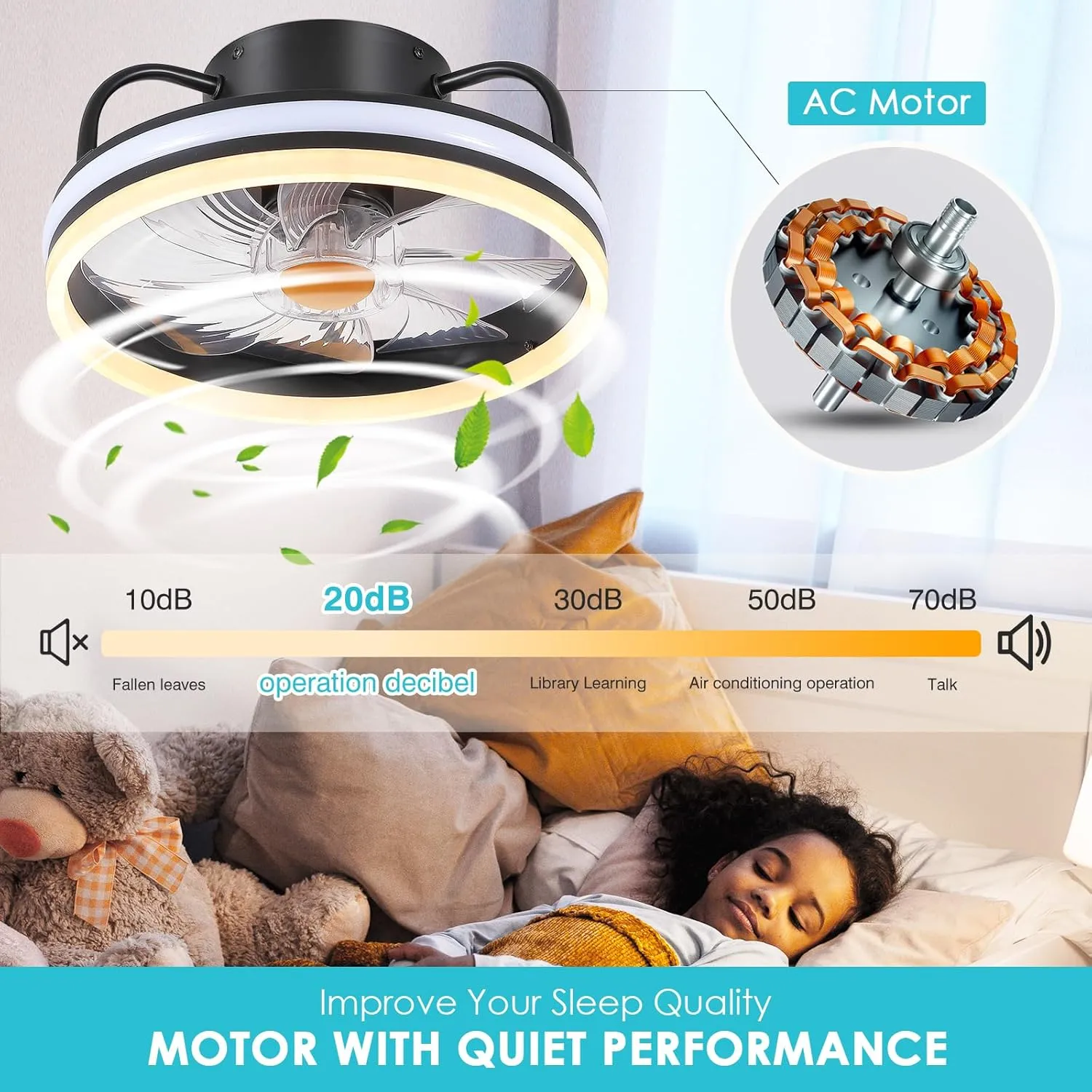 Modern Flush Mount Ceiling Fan-Low Profile Ceiling Fan with Light,13" RGB Dimmable LED Enclosed Ceiling Fans,Modern Bladeless LED-RGB Ambient Light for Bedroom Kids Room PartyBlack