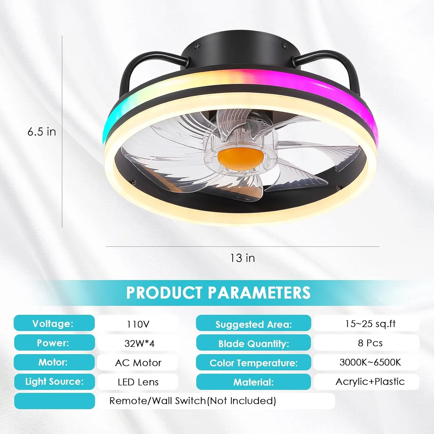 Modern Flush Mount Ceiling Fan-Low Profile Ceiling Fan with Light,13" RGB Dimmable LED Enclosed Ceiling Fans,Modern Bladeless LED-RGB Ambient Light for Bedroom Kids Room PartyBlack