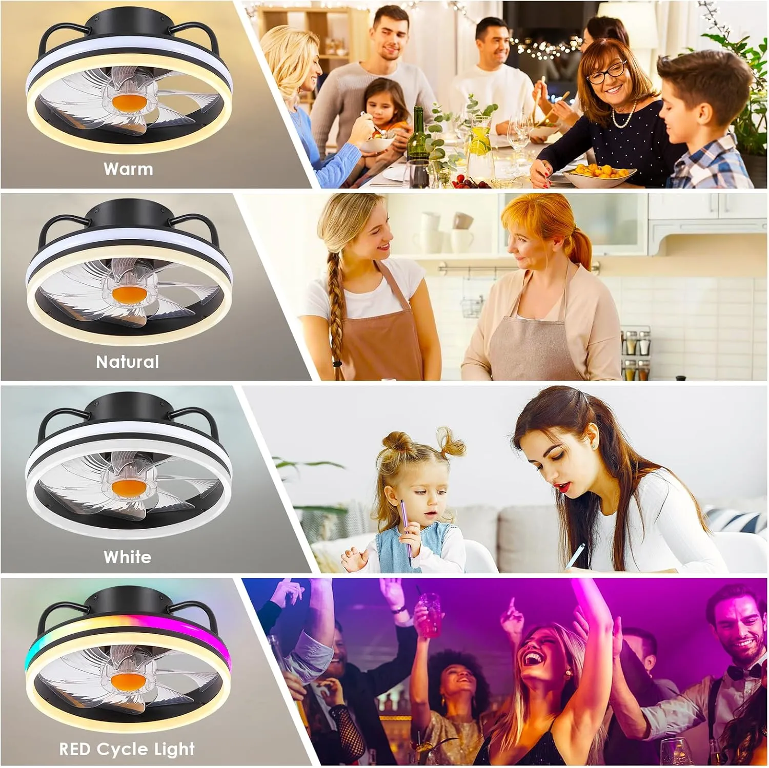 Modern Flush Mount Ceiling Fan-Low Profile Ceiling Fan with Light,13" RGB Dimmable LED Enclosed Ceiling Fans,Modern Bladeless LED-RGB Ambient Light for Bedroom Kids Room PartyBlack