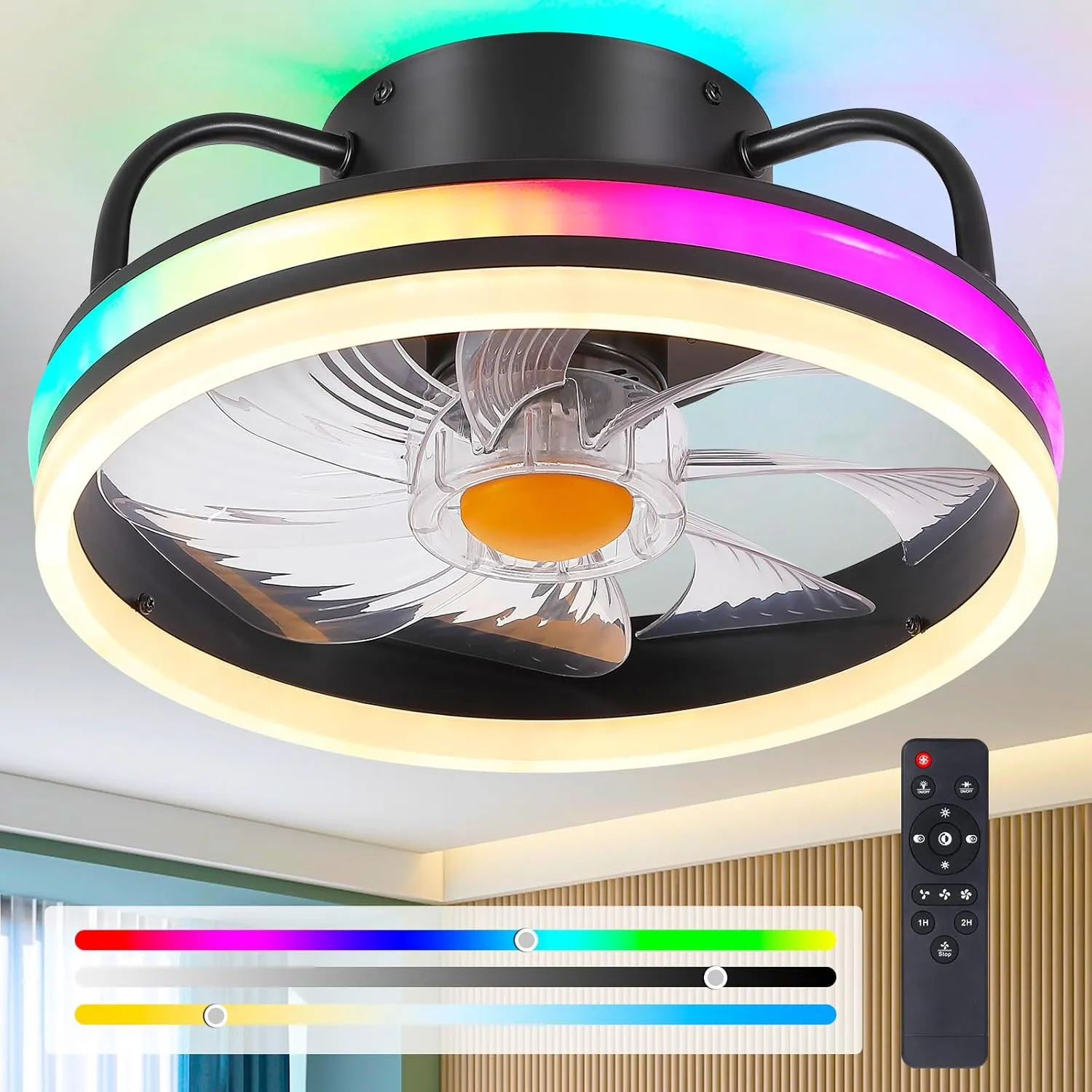 Modern Flush Mount Ceiling Fan-Low Profile Ceiling Fan with Light,13" RGB Dimmable LED Enclosed Ceiling Fans,Modern Bladeless LED-RGB Ambient Light for Bedroom Kids Room PartyBlack Small bladeless fan for quiet cooling