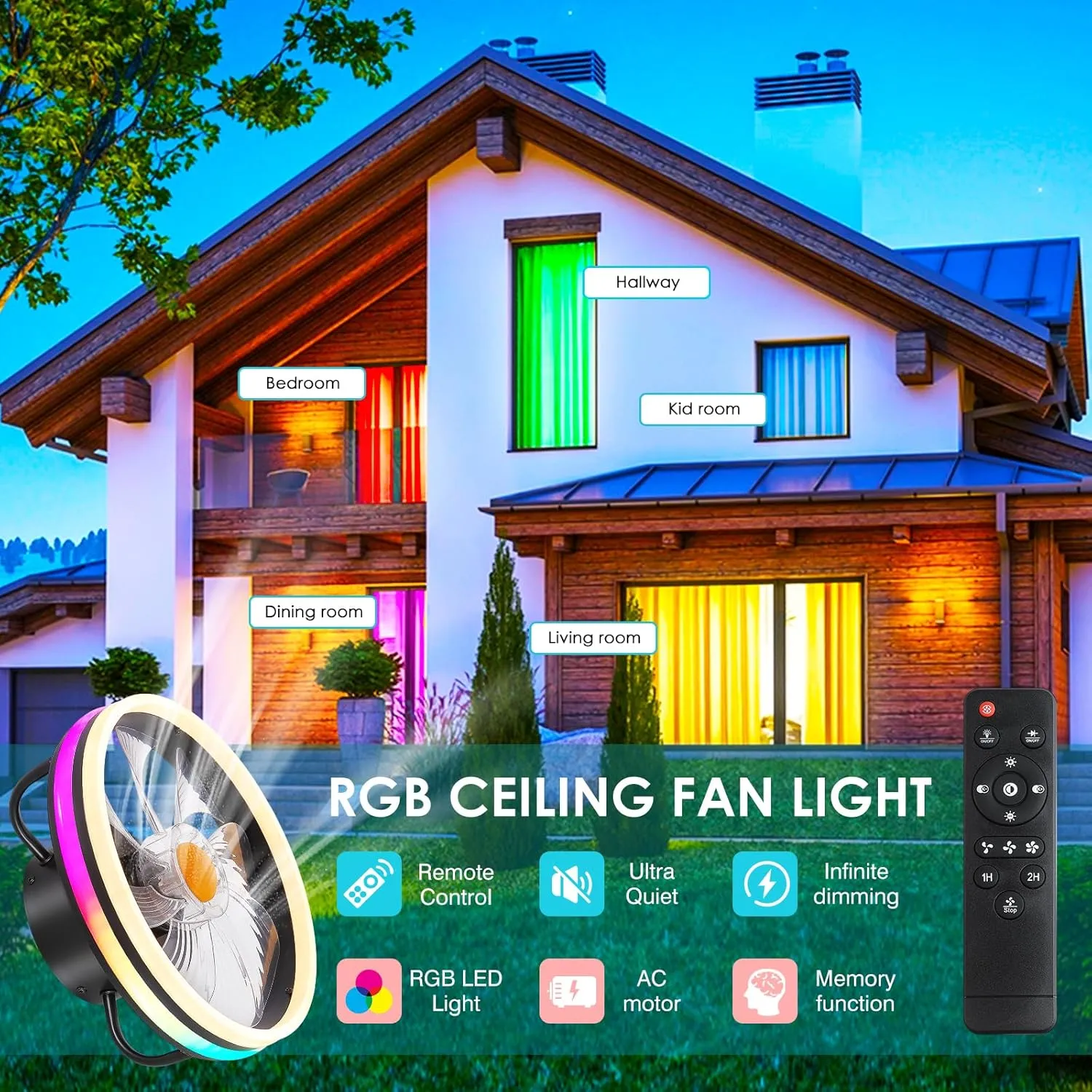 Modern Flush Mount Ceiling Fan-Low Profile Ceiling Fan with Light,13" RGB Dimmable LED Enclosed Ceiling Fans,Modern Bladeless LED-RGB Ambient Light for Bedroom Kids Room PartyBlack