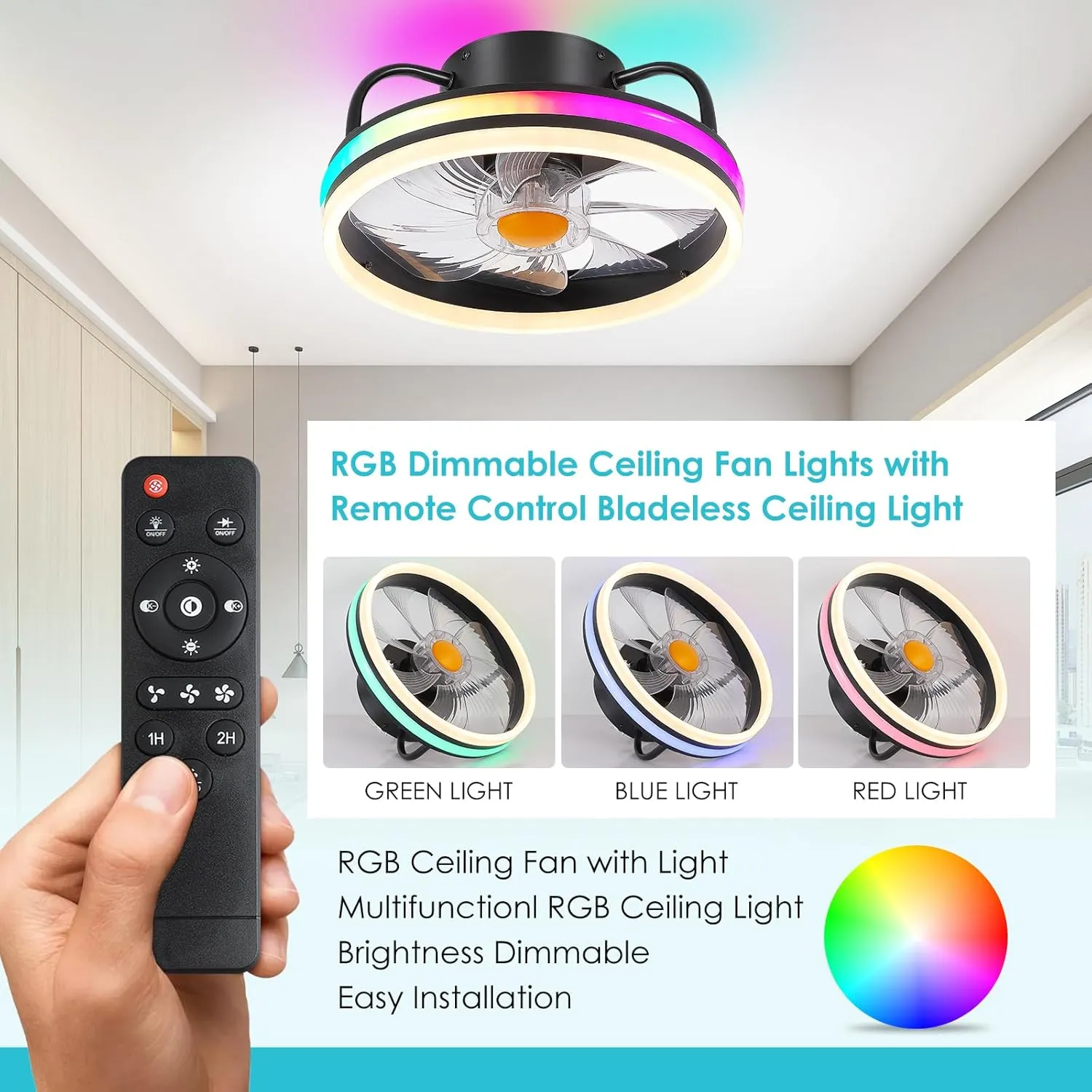 Modern Flush Mount Ceiling Fan-Low Profile Ceiling Fan with Light,13" RGB Dimmable LED Enclosed Ceiling Fans,Modern Bladeless LED-RGB Ambient Light for Bedroom Kids Room PartyBlack