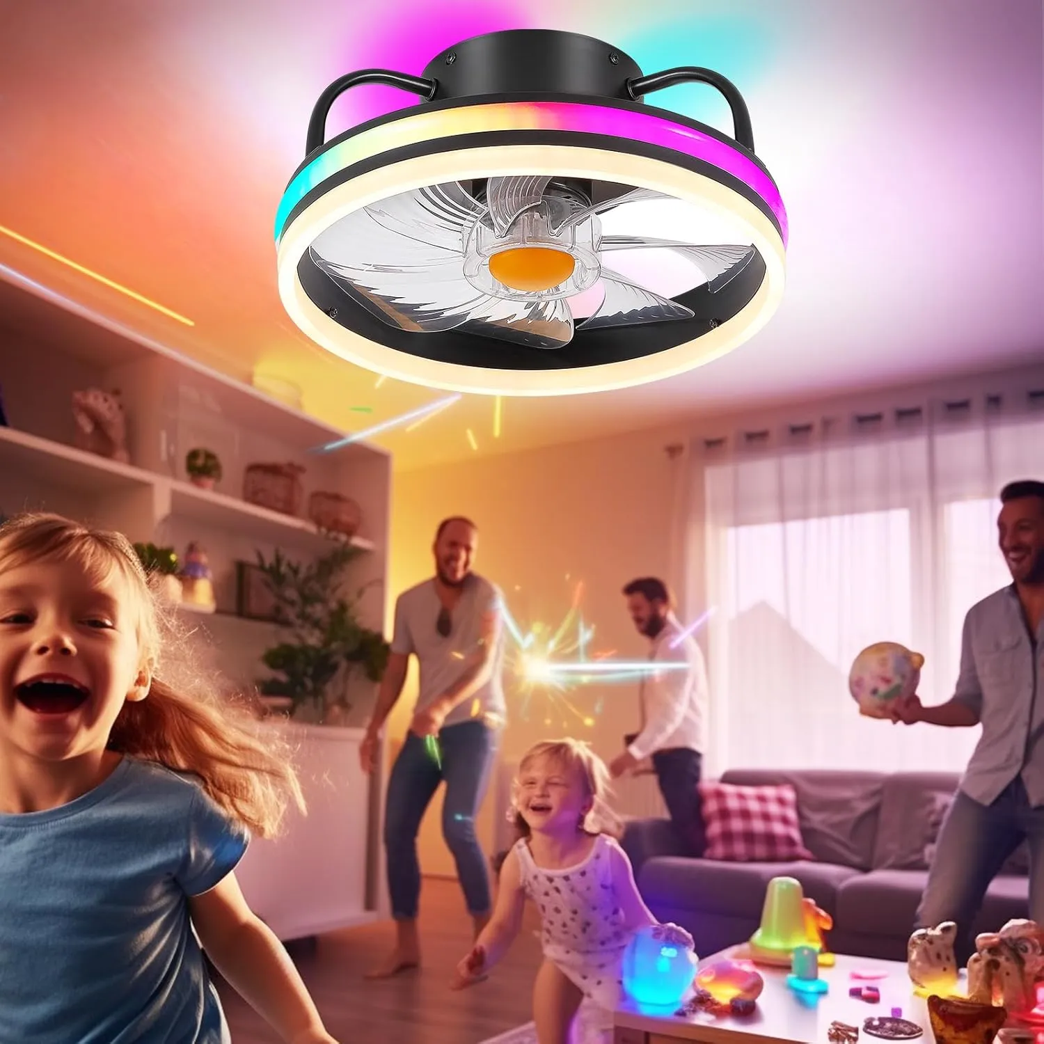 Modern Flush Mount Ceiling Fan-Low Profile Ceiling Fan with Light,13" RGB Dimmable LED Enclosed Ceiling Fans,Modern Bladeless LED-RGB Ambient Light for Bedroom Kids Room PartyBlack