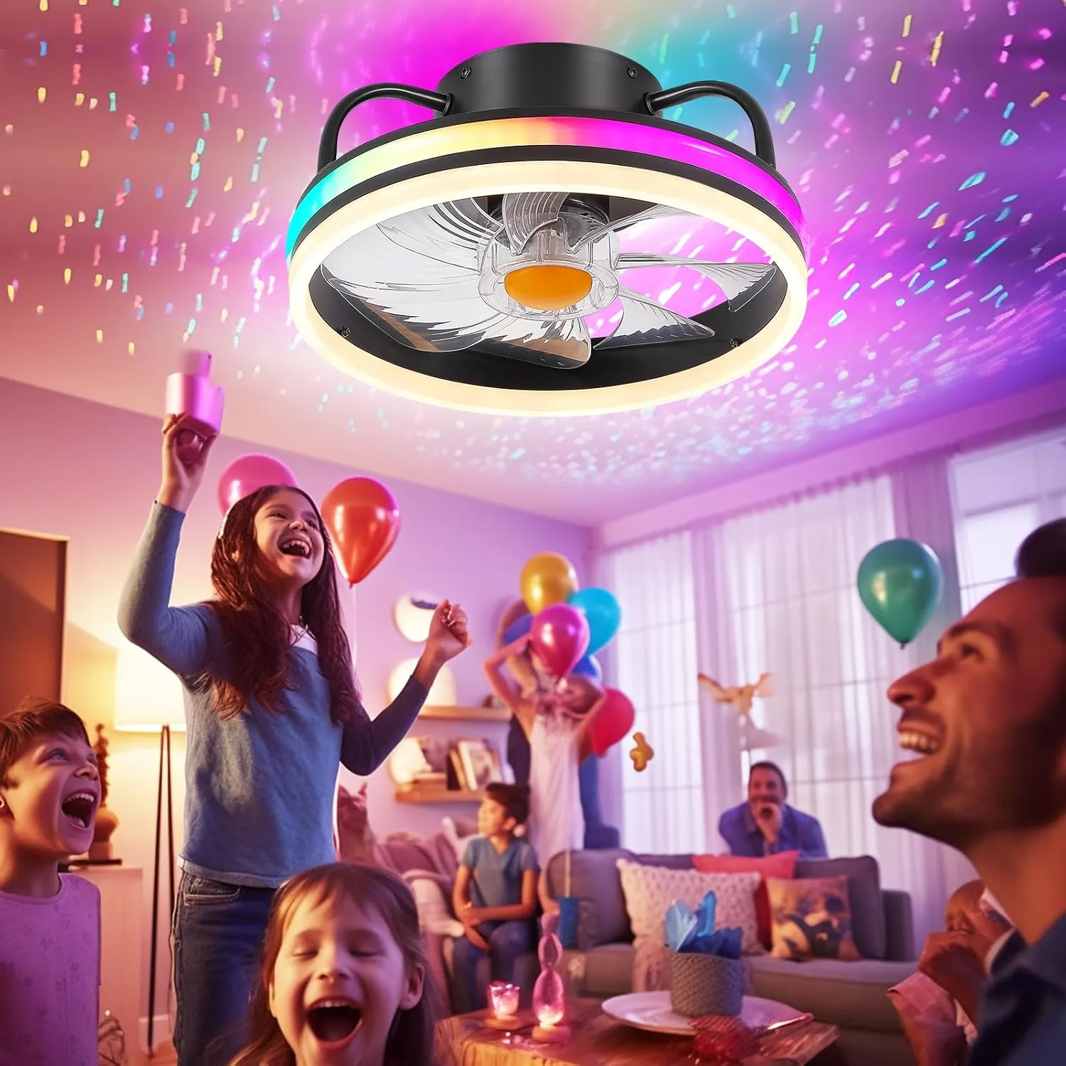 Modern Flush Mount Ceiling Fan-Low Profile Ceiling Fan with Light,13" RGB Dimmable LED Enclosed Ceiling Fans,Modern Bladeless LED-RGB Ambient Light for Bedroom Kids Room PartyBlack