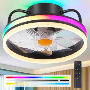 Modern Flush Mount Ceiling Fan-Low Profile Ceiling Fan with Light,13" RGB Dimmable LED Enclosed Ceiling Fans,Modern Bladeless LED-RGB Ambient Light for Bedroom Kids Room PartyBlack Small bladeless fan for quiet cooling