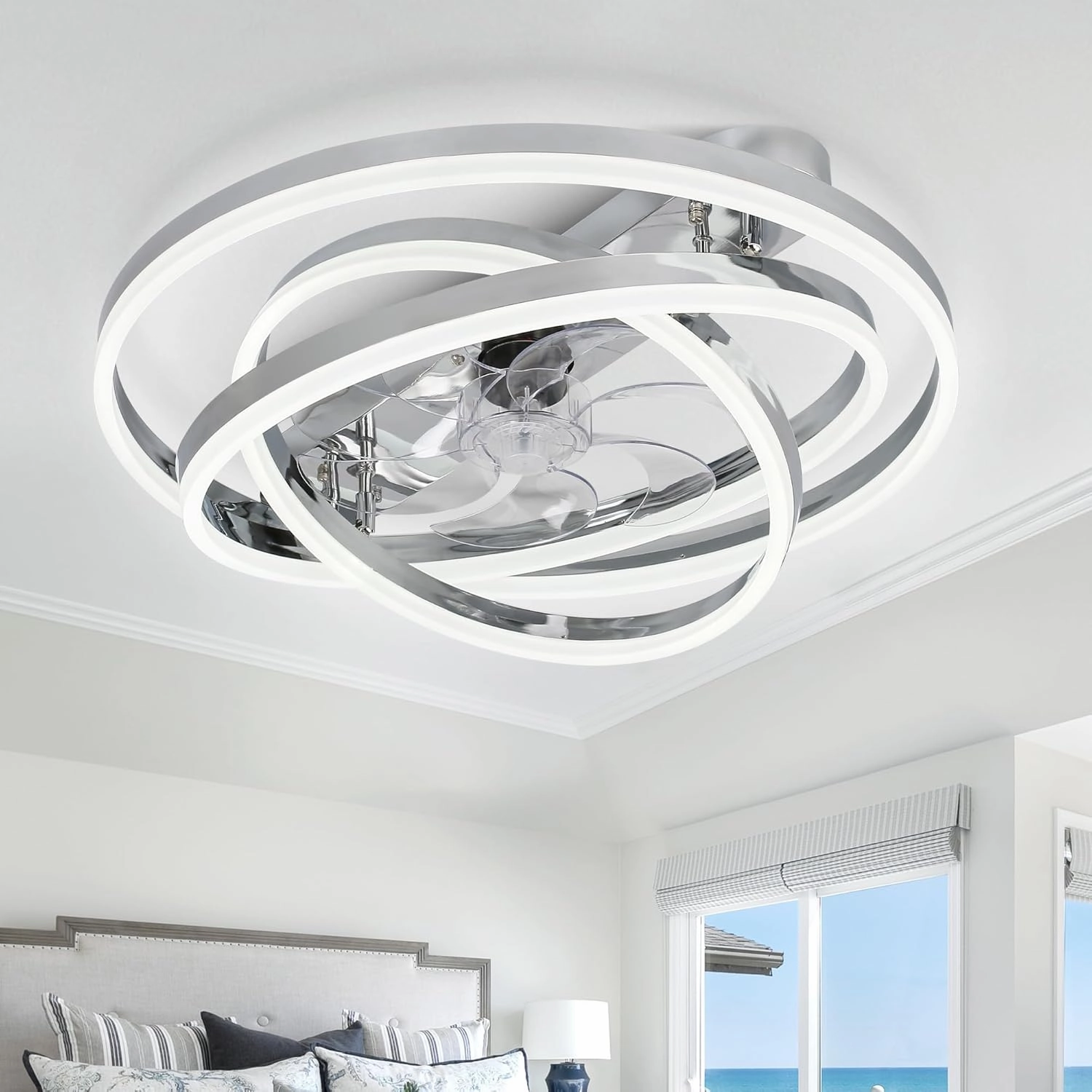 Modern Ceiling Fan with Light, Low Profile Flush Mount Ceiling Fan with Lights 6 Speed Dimmable Ceiling Fans with Lights and Remote App-controlled remote fan for convenience