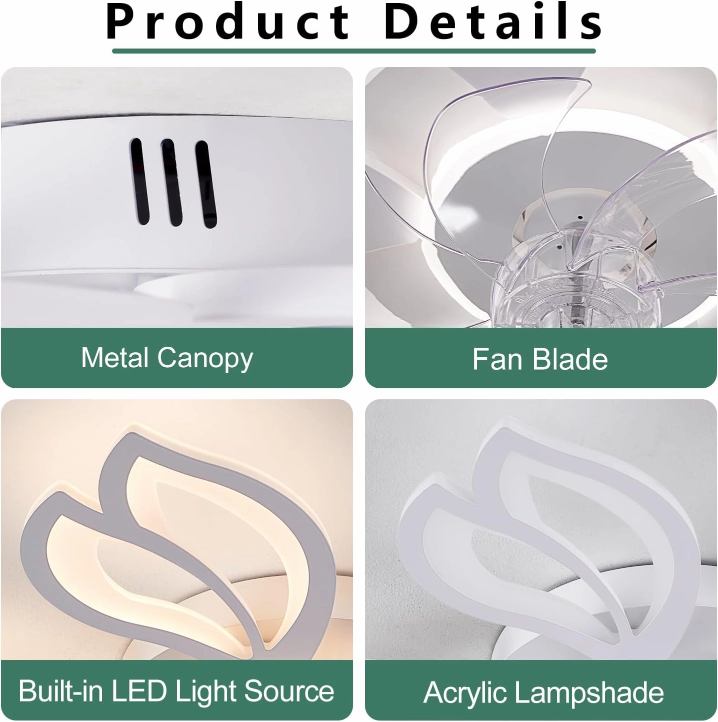 Modern Ceiling Fans with Lights, Low Profile Ceiling Fan with Remote for Bedroom, Flush Mount Ceiling Fan with LED Dimmable Light,3-Colors, 6-Speeds, Timing CeilingFan Light-White Leaves