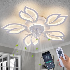 Modern Ceiling Fans with Lights, Low Profile Ceiling Fan with Remote for Bedroom, Flush Mount Ceiling Fan with LED Dimmable Light,3-Colors, 6-Speeds, Timing CeilingFan Light-White Leaves App-controlled remote fan for convenience