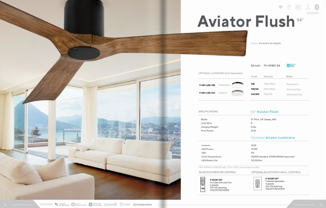 Modern Forms Fans Aviator 54" Smart Outdoor Flushmount DC Ceiling Fan with 19.5W LED CCT LED and Remote