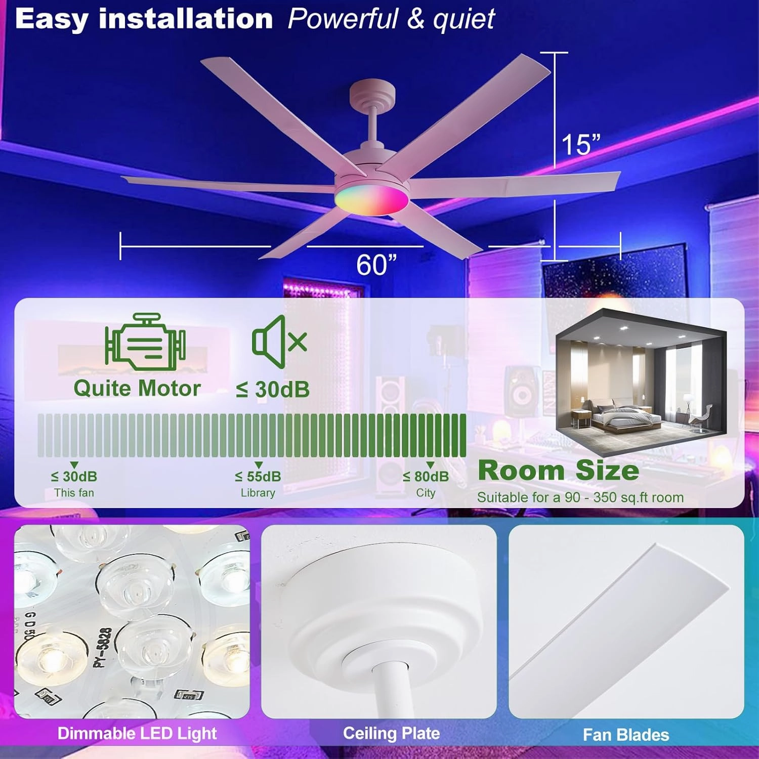 Modern Outdoor Ceiling Fans with Dimmable LED Light For up to 400sq. ft. Area, Works for Sloped Ceiling, RGB Lighting Mode Remote & App Control Damp-rated 5 Years Motor Warranty, White 60"