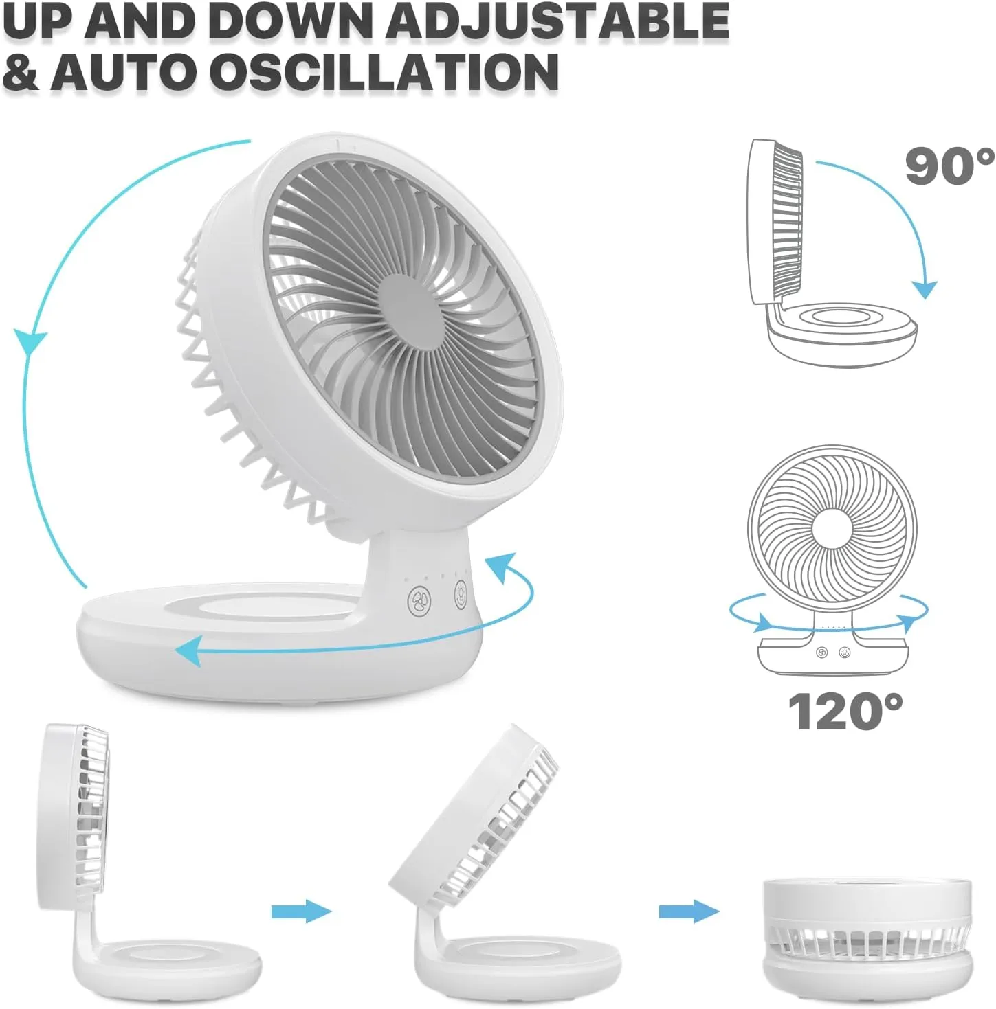 mollie 8-Inch Small Rechargeable USB Desk Fan Battery Operated with Speeds for Home Office Bedroom Mini Portable Personal Quiet Desktop Air Circulator Foldable Cooling Oscillating Table Fan