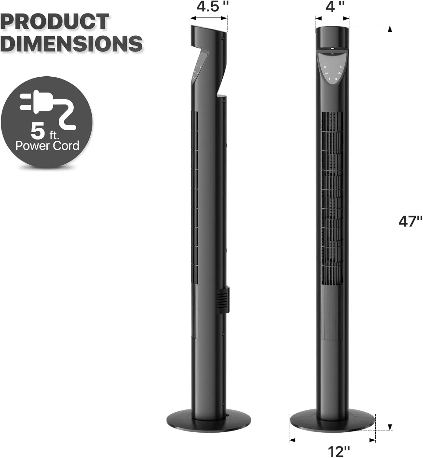 mollie Oscillating Quiet Tower Fan with Remote Control 3 Speeds 12H Timer Portable LED Display 47 Inch Electric Air Circulator Cooling Floor Standing Fan for Home Bedroom Office Living Room Black
