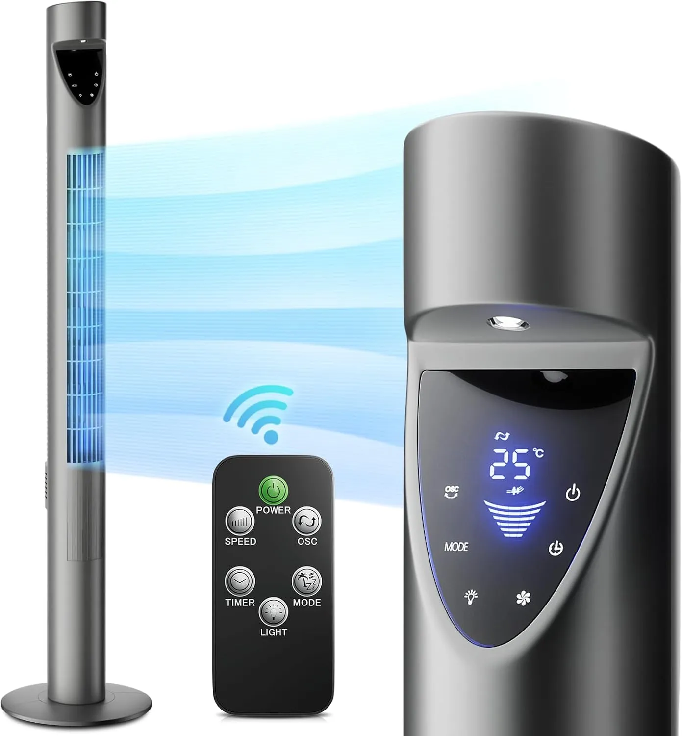 mollie Oscillating Quiet Tower Fan with Remote Control 3 Speeds 12H Timer Portable LED Display 47 Inch Electric Air Circulator Cooling Floor Standing Fan for Home Bedroom Office Living Room Gray Tower bladeless fan for modern homes