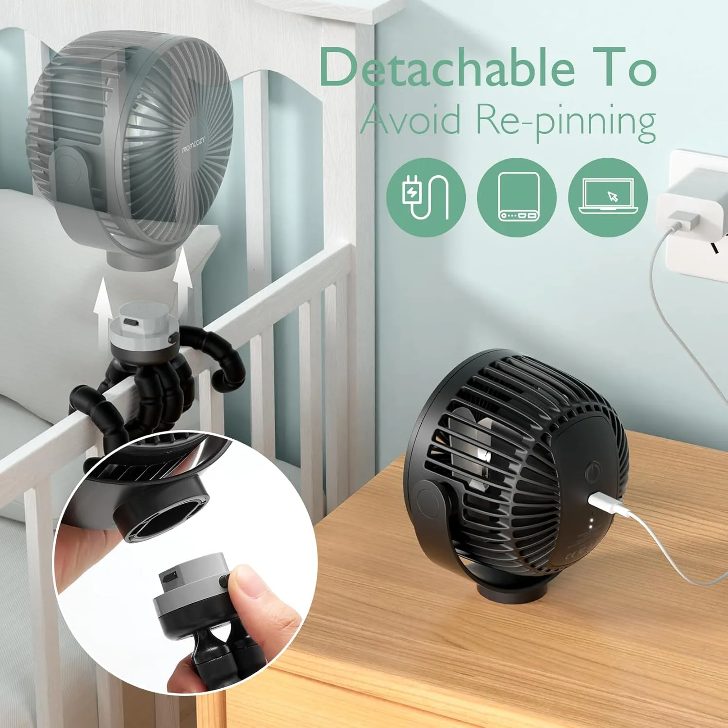 Momcozy 8000mAh Portable Stroller Fan, 27H Ultra-long Battery Life Detachable 4 Speed 360Rotate LED Night Light with 2 Modes, USB Rechargeable Handheld Cooling Fan for Travel/Car Seat/Bedroom