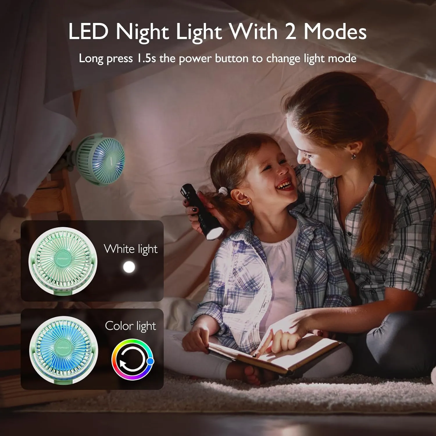 Momcozy 8000mAh Portable Stroller Fan, 27H Ultra-long Battery Life Detachable 4 Speed 360Rotate LED Night Light with 2 Modes, USB Rechargeable Handheld Cooling Fan for Travel/Car Seat/Bedroom