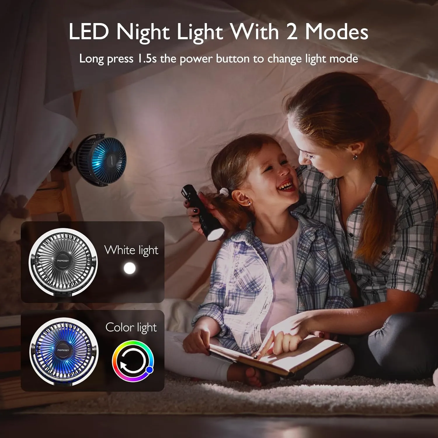 Momcozy 8000mAh Portable Stroller Fan, 27H Ultra-long Battery Life Detachable 4 Speed 360Rotate LED Night Light with 2 Modes, USB Rechargeable Handheld Cooling Fan for Travel/Car Seat/Bedroom