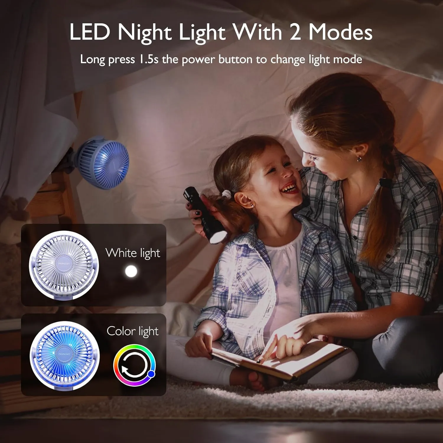 Momcozy 8000mAh Portable Stroller Fan, 27H Ultra-long Battery Life Detachable 4 Speed 360Rotate LED Night Light with 2 Modes, USB Rechargeable Handheld Cooling Fan for Travel/Car Seat/Bedroom