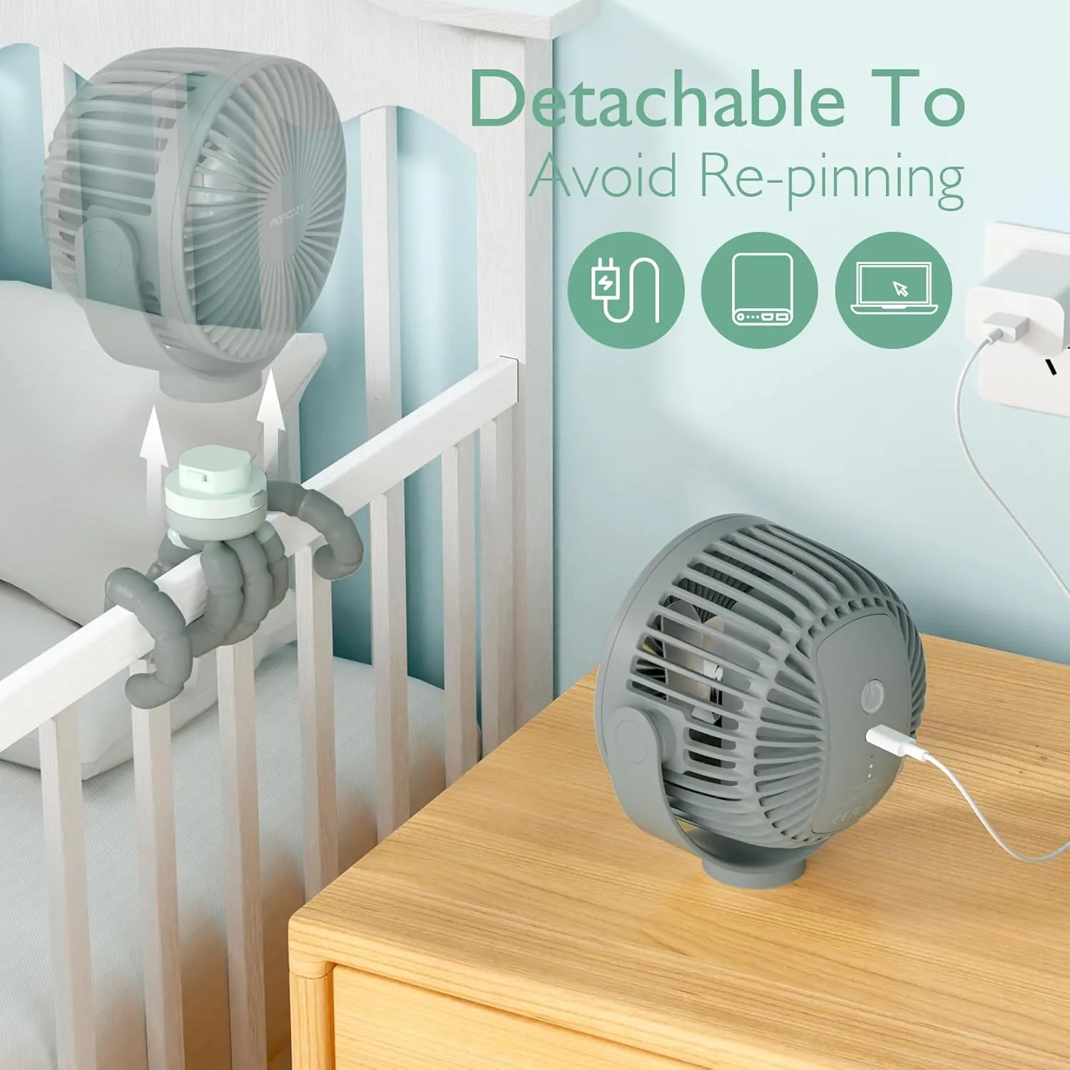 Momcozy 8000mAh Portable Stroller Fan, 27H Ultra-long Battery Life Detachable 4 Speed 360Rotate LED Night Light with 2 Modes, USB Rechargeable Handheld Cooling Fan for Travel/Car Seat/Bedroom