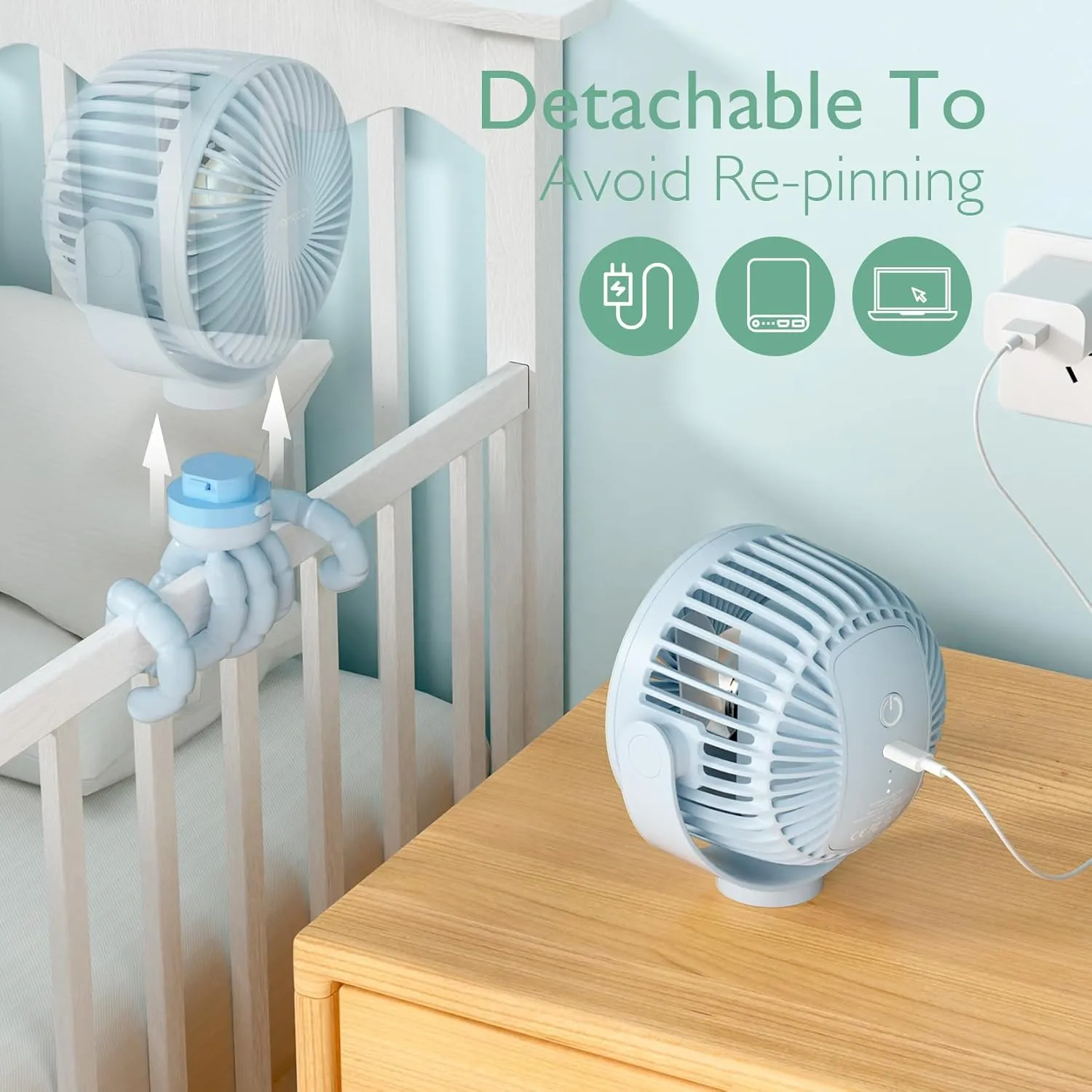 Momcozy 8000mAh Portable Stroller Fan, 27H Ultra-long Battery Life Detachable 4 Speed 360Rotate LED Night Light with 2 Modes, USB Rechargeable Handheld Cooling Fan for Travel/Car Seat/Bedroom