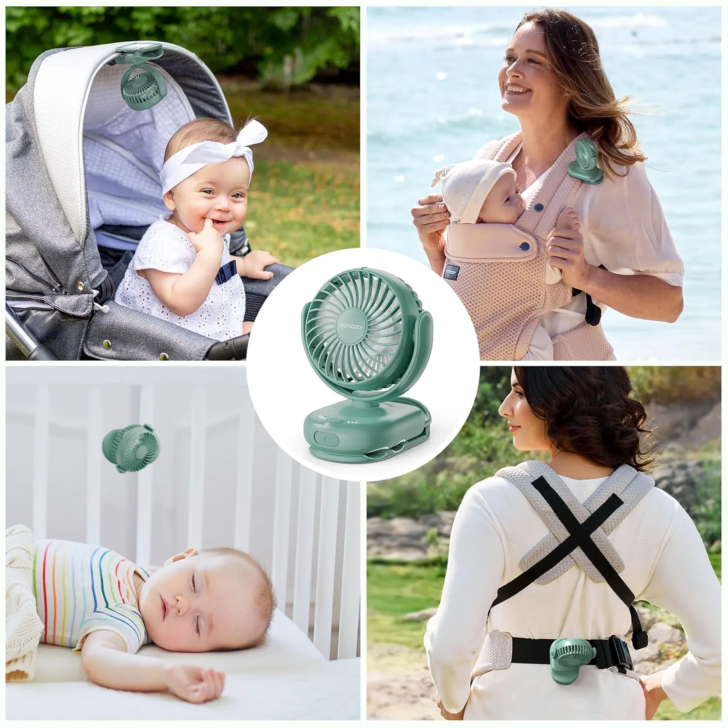 Momcozy Portable Fan with Clip | 4-Speed Mini-Fan for Carrier | Personal Fans Ultra Lighter 0.26lb | Gaps 4.5mm | Handheld Cooling | Rechargeable Rotate for Diaper Backpack/Stroller/Carrier/Chair