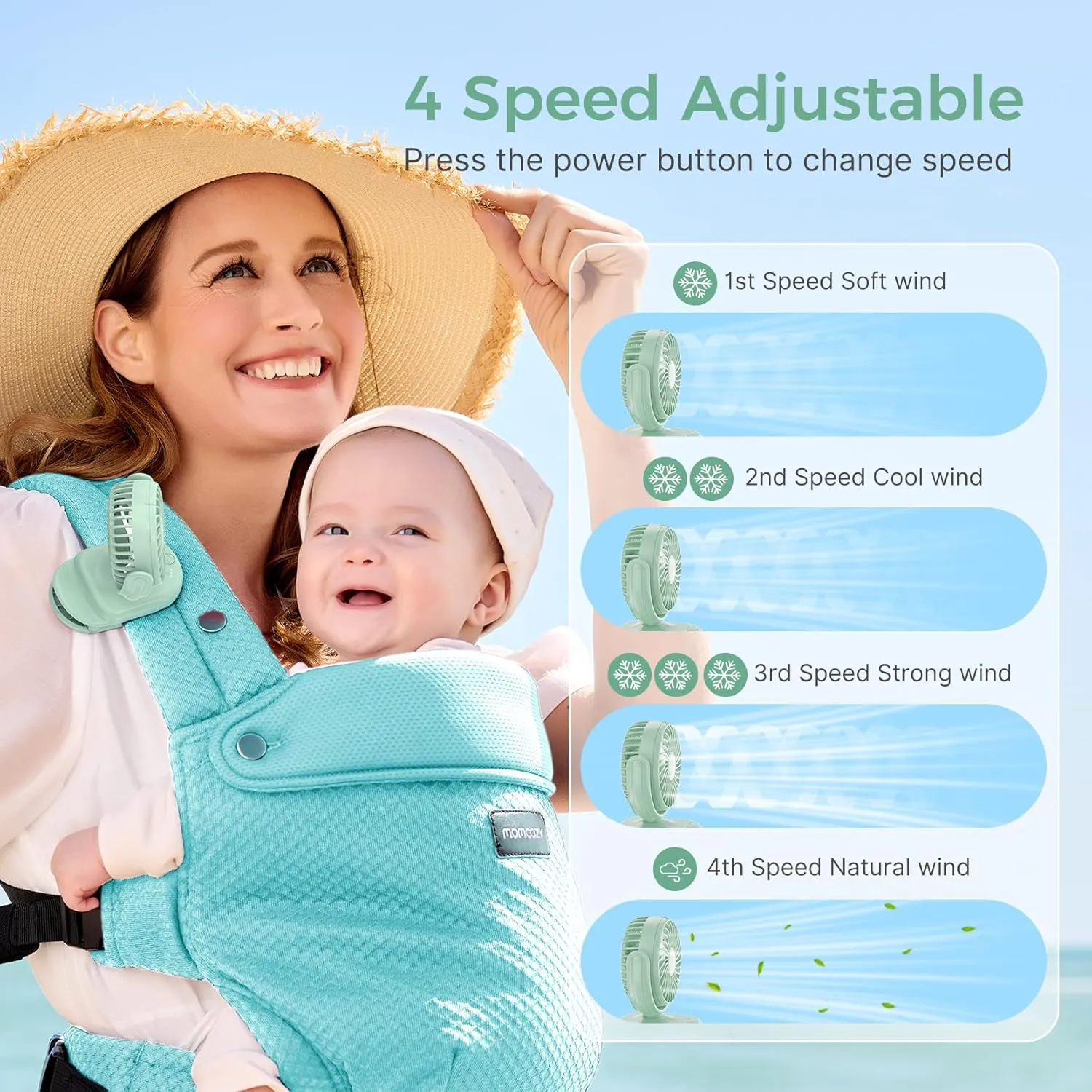 Momcozy Portable Fan with Clip | 4-Speed Mini-Fan for Carrier | Personal Fans Ultra Lighter 0.26lb | Gaps 4.5mm | Handheld Cooling | Rechargeable Rotate for Diaper Backpack/Stroller/Carrier/Chair