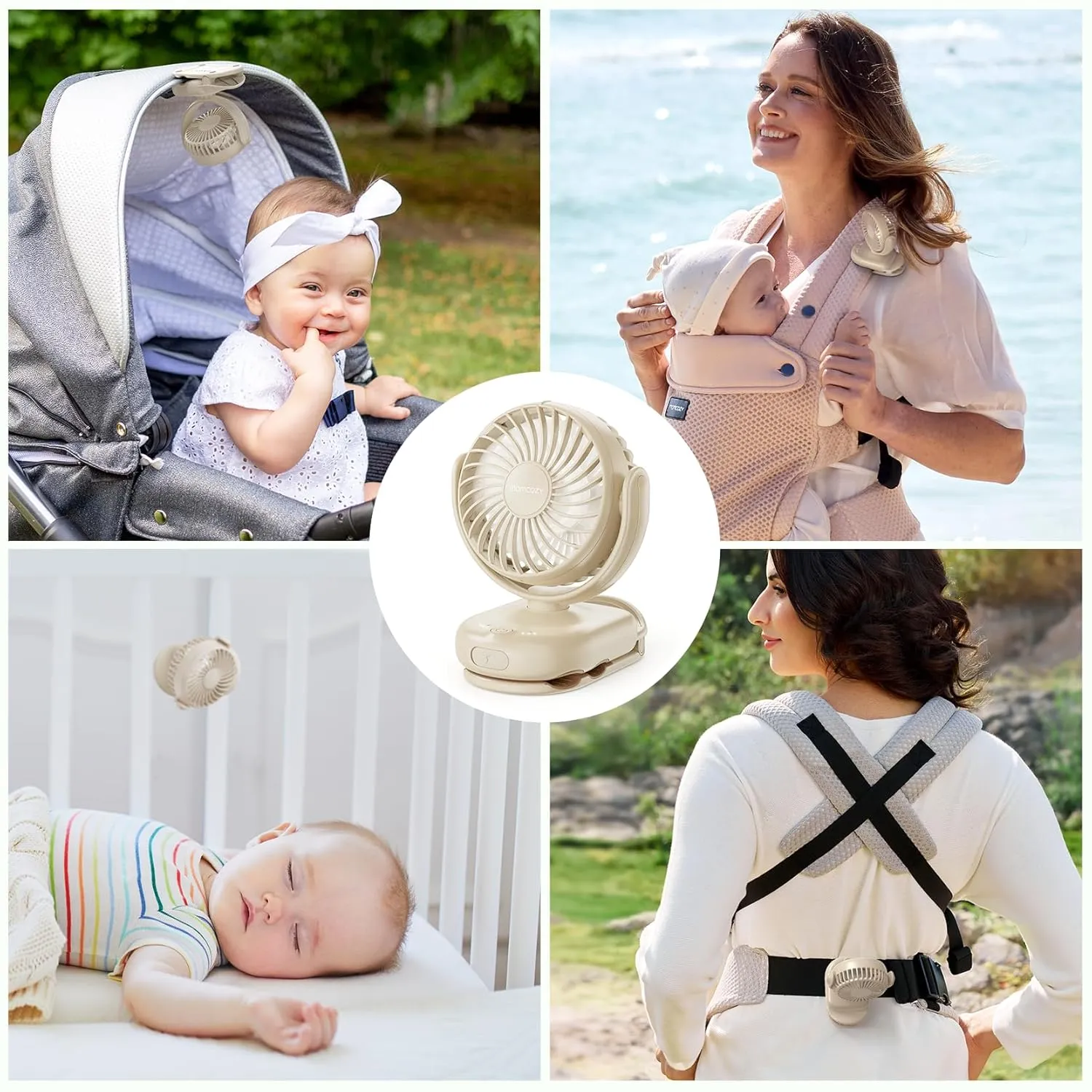 Momcozy Portable Fan with Clip | 4-Speed Mini-Fan for Carrier | Personal Fans Ultra Lighter 0.26lb | Gaps 4.5mm | Handheld Cooling | Rechargeable Rotate for Diaper Backpack/Stroller/Carrier/Chair