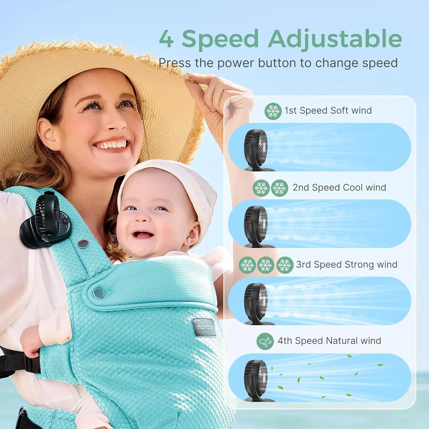 Momcozy Portable Fan with Clip | 4-Speed Mini-Fan for Carrier | Personal Fans Ultra Lighter 0.26lb | Gaps 4.5mm | Handheld Cooling | Rechargeable Rotate for Diaper Backpack/Stroller/Carrier/Chair