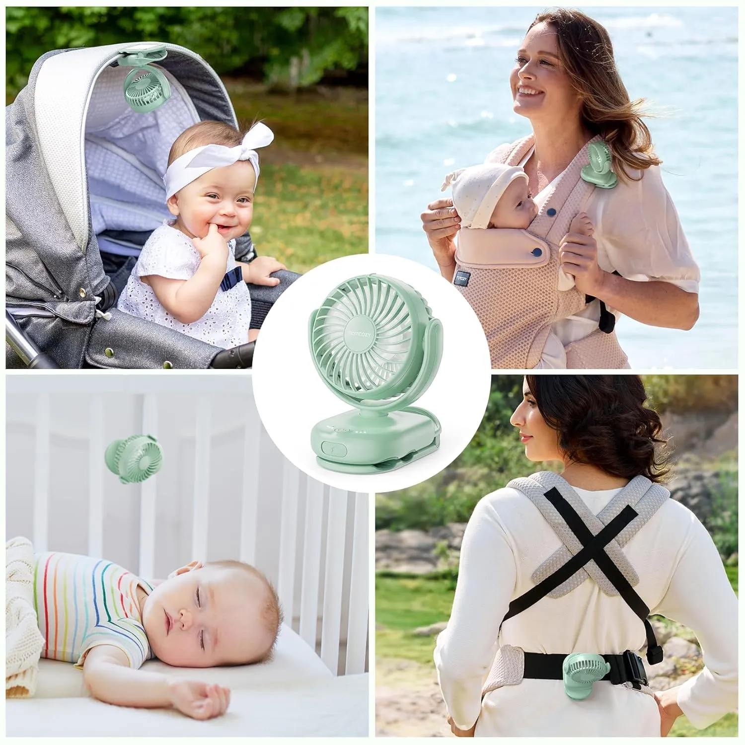 Momcozy Portable Fan with Clip | 4-Speed Mini-Fan for Carrier | Personal Fans Ultra Lighter 0.26lb | Gaps 4.5mm | Handheld Cooling | Rechargeable Rotate for Diaper Backpack/Stroller/Carrier/Chair