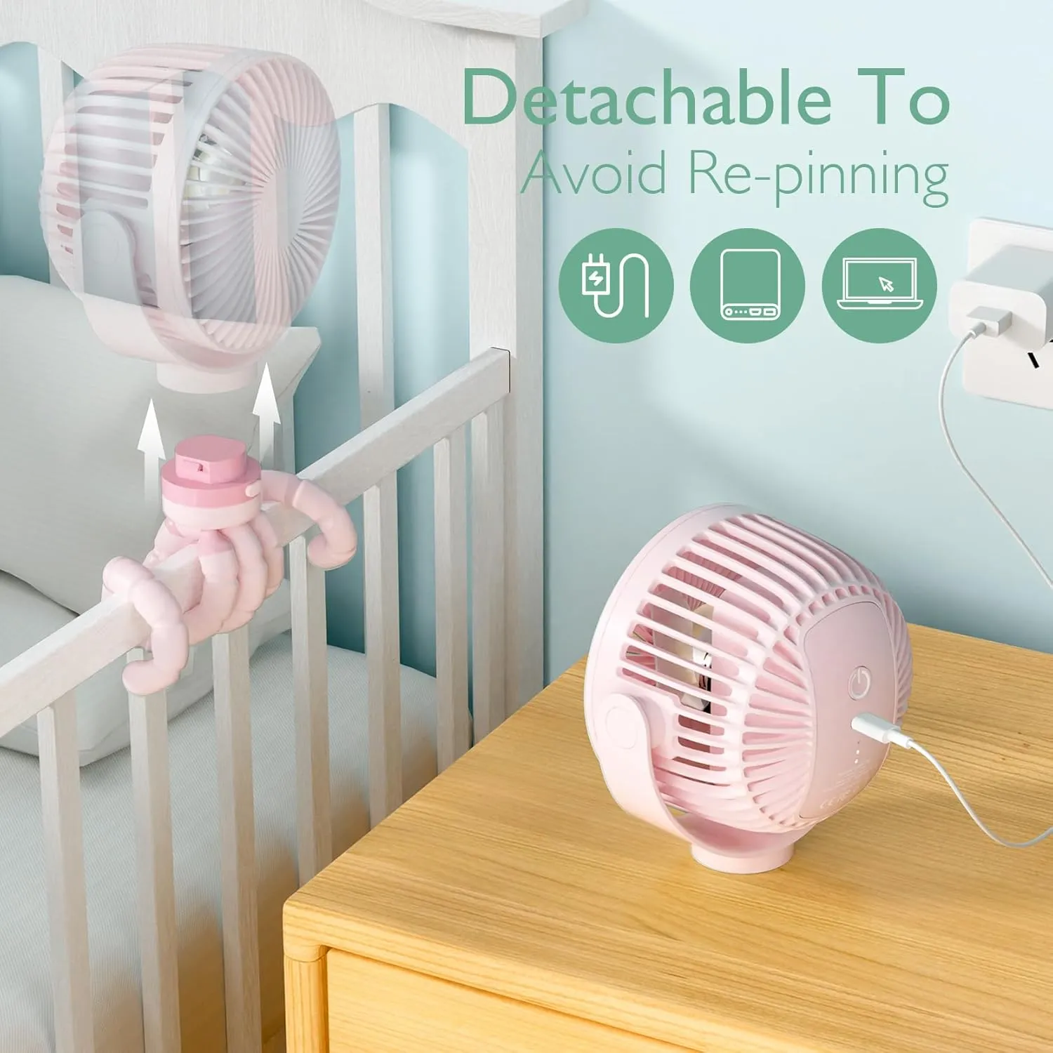 Momcozy Portable Stroller Fan, 8000mAh, 27H Ultra-long Battery Life, Detachable 4 Speed 360Rotate, LED Night Light with 2 Modes, USB Rechargeable Handheld Cooling Fan for Travel, Car Seat, Bedroom