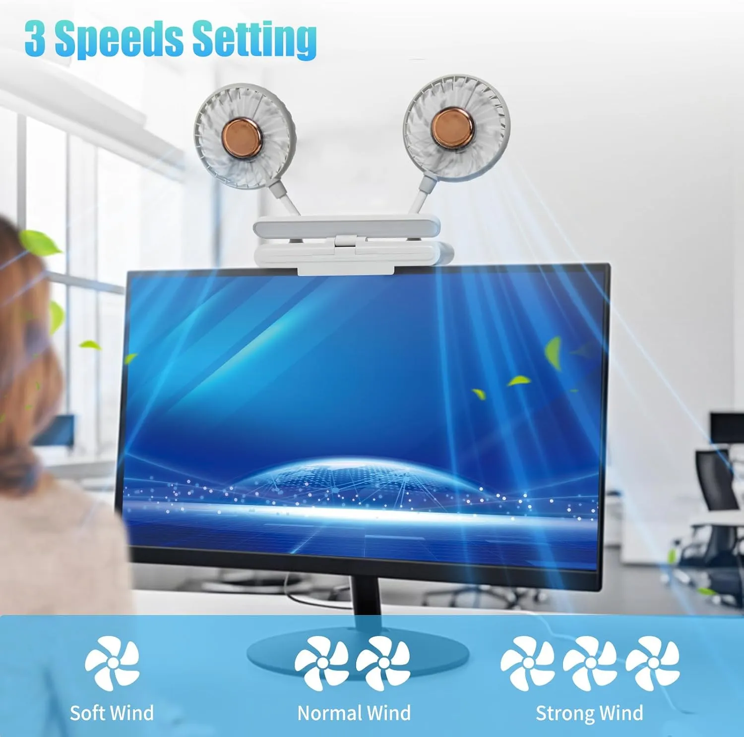 Monitor Fan with LED Lights, USB Desktop Fan with 2 Rotatable Heads, 3 Speeds Desk Fans Small Quiet with Sturdy Adjustable Clamp, Strong Wind Office Personal Cooling Fans for Laptop, Desktop.
