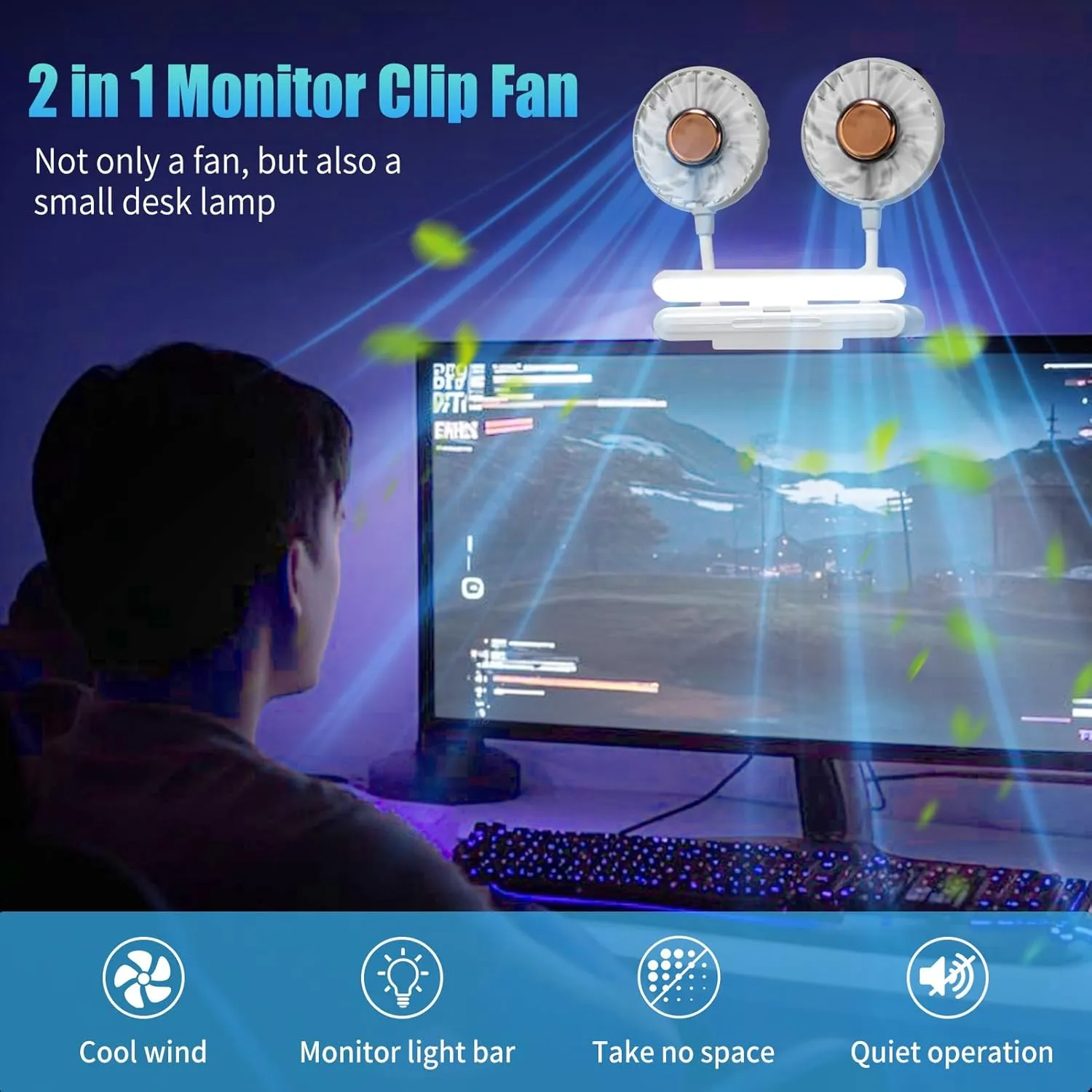 Monitor Fan with LED Lights, USB Desktop Fan with 2 Rotatable Heads, 3 Speeds Desk Fans Small Quiet with Sturdy Adjustable Clamp, Strong Wind Office Personal Cooling Fans for Laptop, Desktop.