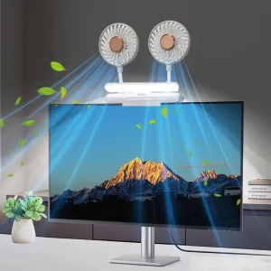 Monitor Fan with LED Lights, USB Desktop Fan with 2 Rotatable Heads, 3 Speeds Desk Fans Small Quiet with Sturdy Adjustable Clamp, Strong Wind Office Personal Cooling Fans for Laptop, Desktop. USB desktop fan for workspace