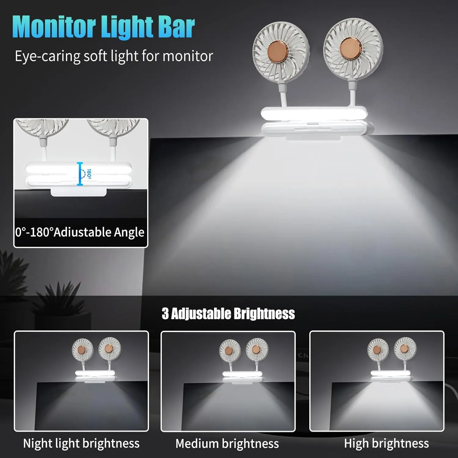 Monitor Fan with LED Lights, USB Desktop Fan with 2 Rotatable Heads, 3 Speeds Desk Fans Small Quiet with Sturdy Adjustable Clamp, Strong Wind Office Personal Cooling Fans for Laptop, Desktop.